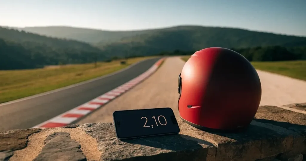 Eine leere Rennstrecke mit rot-weissen Randsteinen im Morgenlicht, im Hintergrund sanfte Hügel und ein einzelner Motorradhelm auf einer niedrigen Mauer.