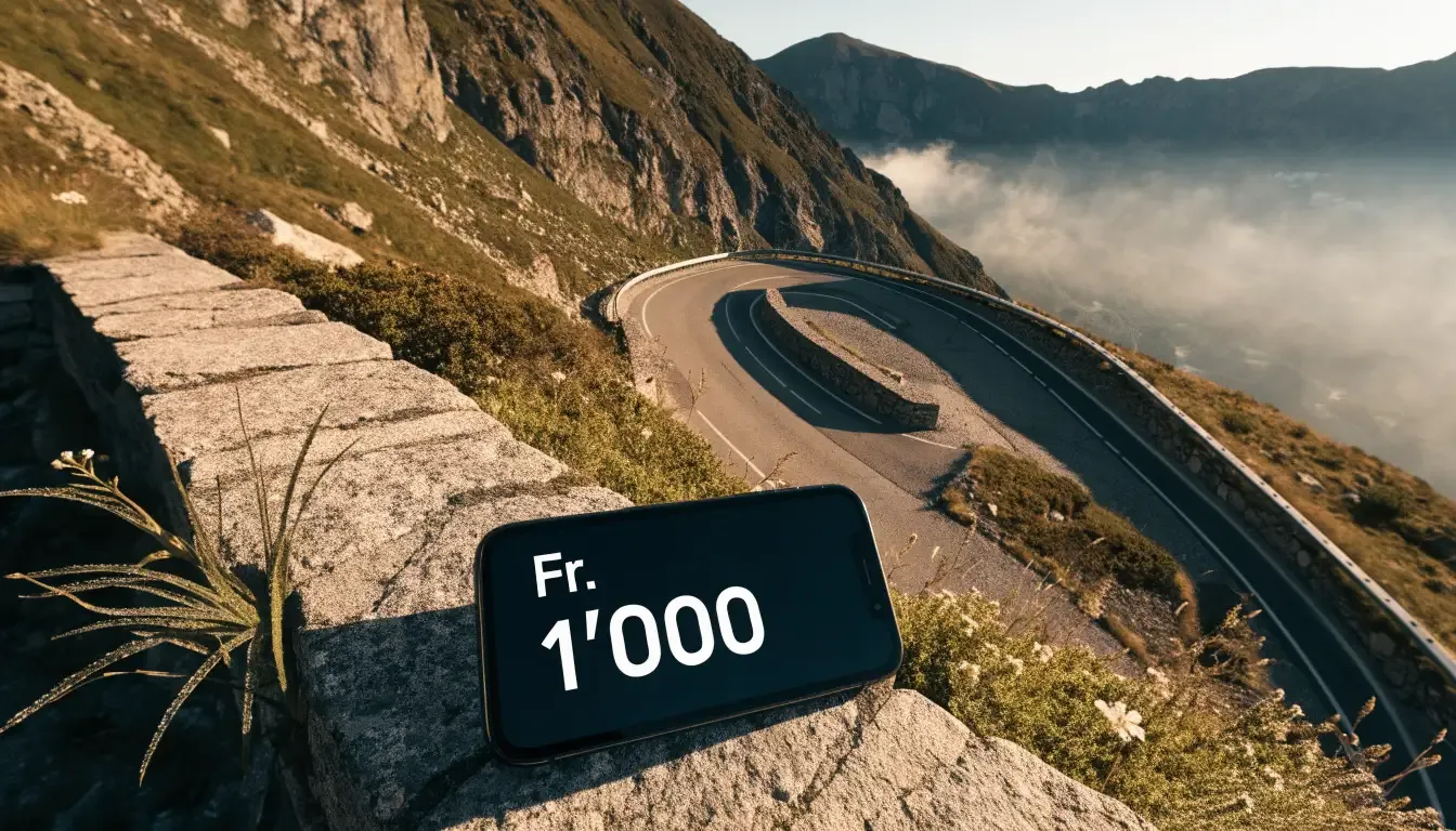 Eine Passstrasse in den Alpen mit enger Kurve und Leitplanke, darüber ein klarer Morgenhimmel und einzelne Nebelschwaden im Tal.
