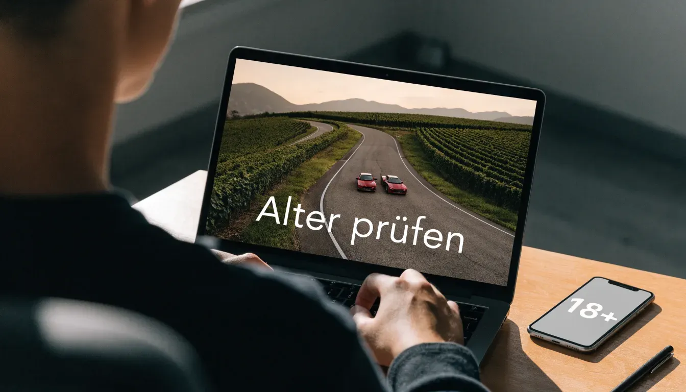 Eine Rennstrecke aus der Ferne zwischen Weinbergen und einer Bergkette, Dunst liegt am frühen Morgen über dem Asphalt.