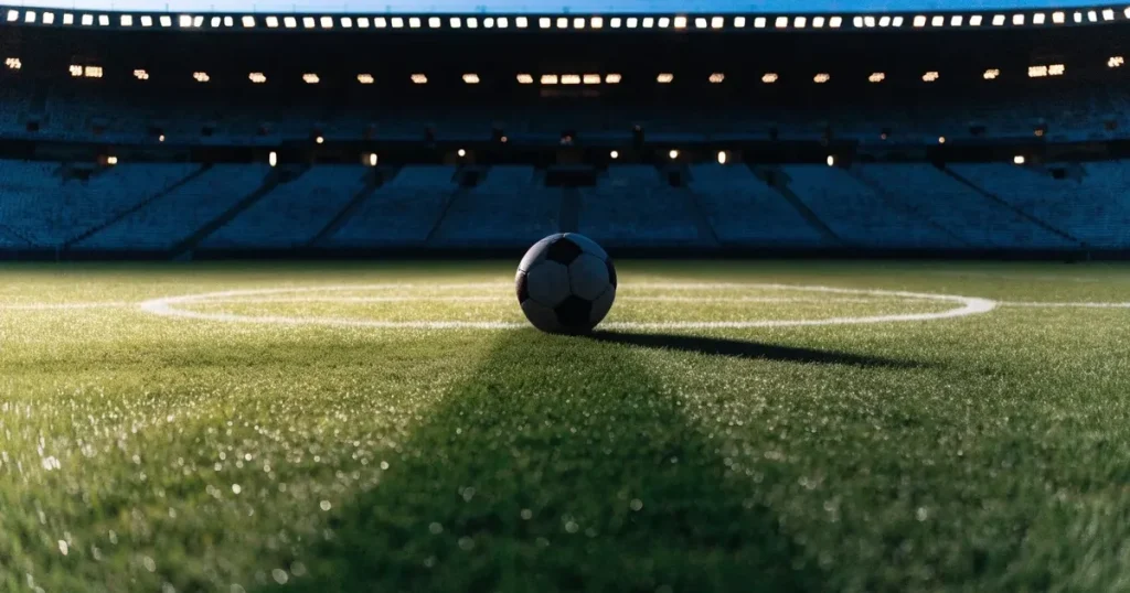 Ein Fussball liegt auf dem Mittelpunkt eines leeren Rasens, im Hintergrund steigen steile Tribünen in der Dämmerung auf.