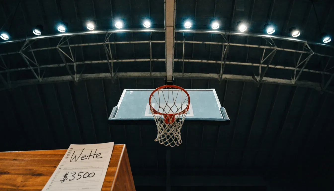 Ein Basketballkorb von unten gesehen, darüber eine Hallendecke mit Scheinwerfern und Stahlträgern.