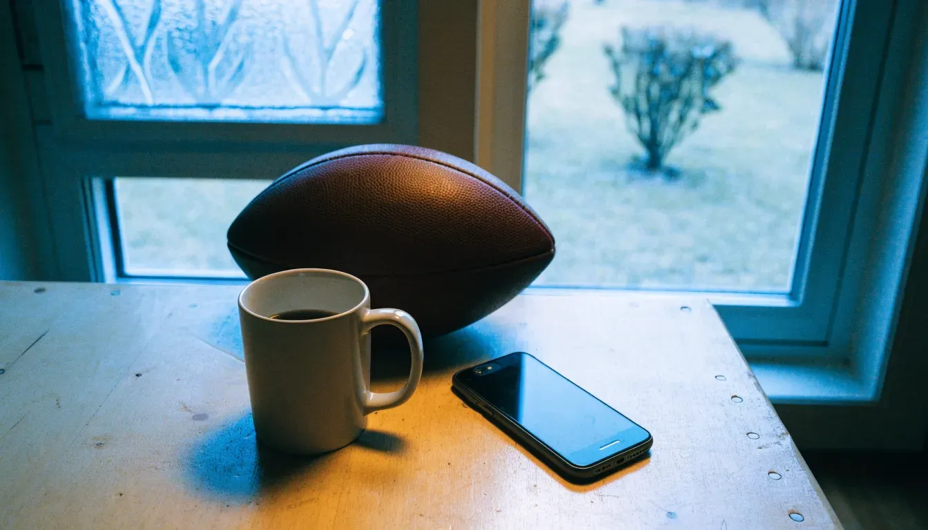Ein Kaffeebecher und ein Football stehen auf einem Küchentisch am Morgen, durch das Fenster sieht man einen Garten mit Raureif.