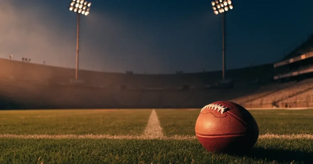 Ein ovaler Football liegt auf frisch gemähtem Rasen neben einer weissen Linie, im Hintergrund stehen leere Flutlichtmasten im Abendlicht.