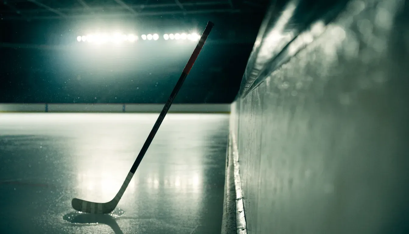 Ein Eishockeyschläger lehnt an der Bande, in der Ferne liegt die hell beleuchtete Eisfläche einer Halle unter Flutlicht.