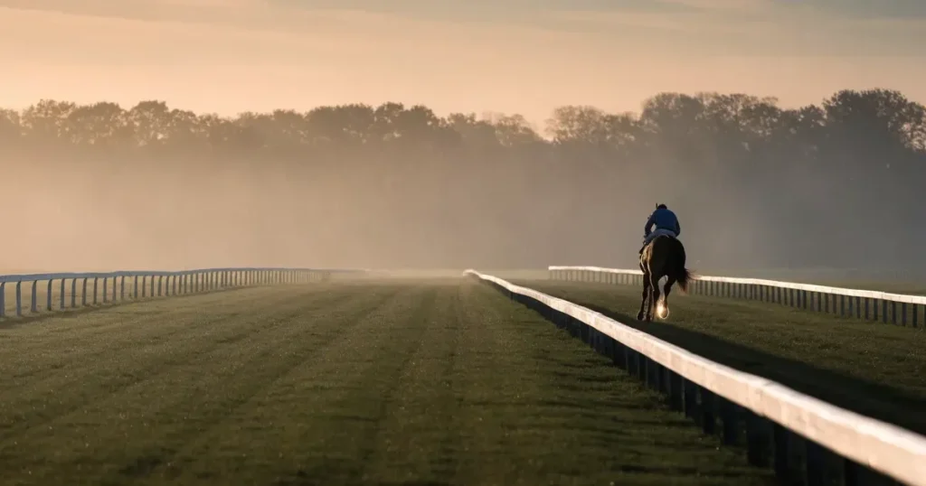 Eine Galoppbahn mit Rasen und weissen Begrenzungen im Morgennebel, in der Ferne trabt ein einzelnes Pferd beim Training.