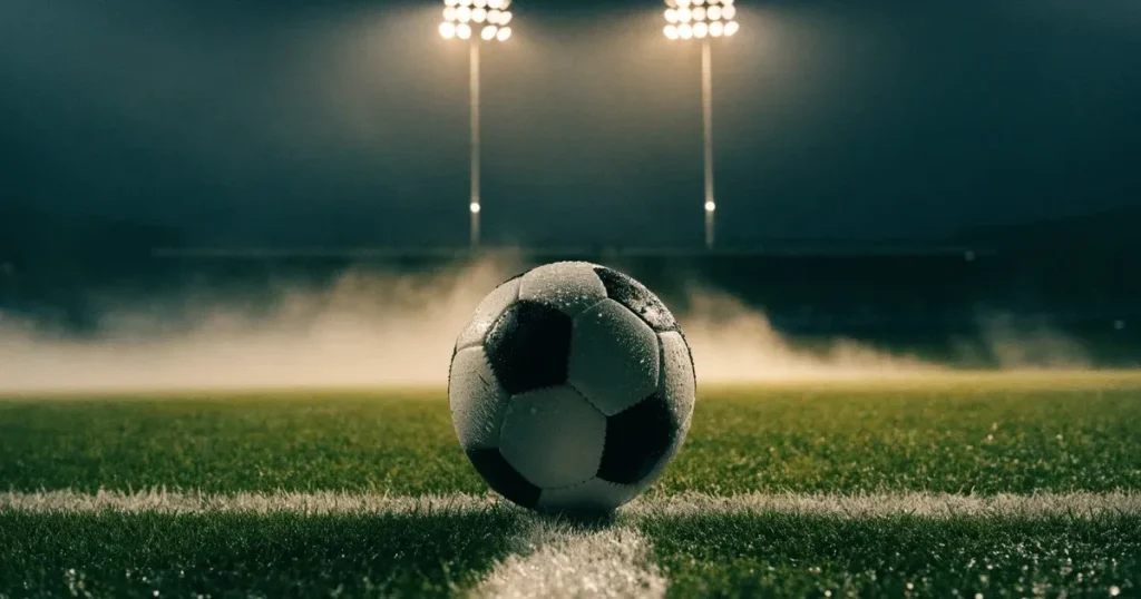 Ein Fussball liegt auf der Strafraumlinie eines nassen Rasens, dahinter stehen Flutlichtmasten im aufsteigenden Nebel.