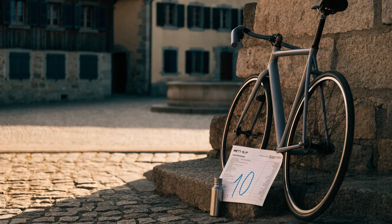 Ein Rennrad lehnt an einer Steinmauer am Rand eines Dorfplatzes, daneben eine Trinkflasche im ersten Sonnenlicht.