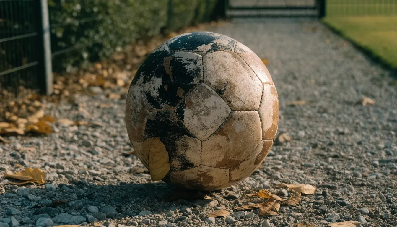 Ein abgenutzter Fussball liegt auf einem Kiesweg neben dem Eingang eines Vereinsplatzes, Laub liegt auf dem Boden.