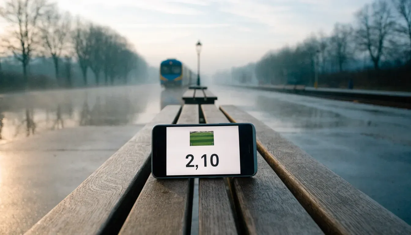 Ein Bahnsteig mit leeren Bänken an einem Regionalbahnhof am Morgen, ein Zug fährt in der Ferne ein.