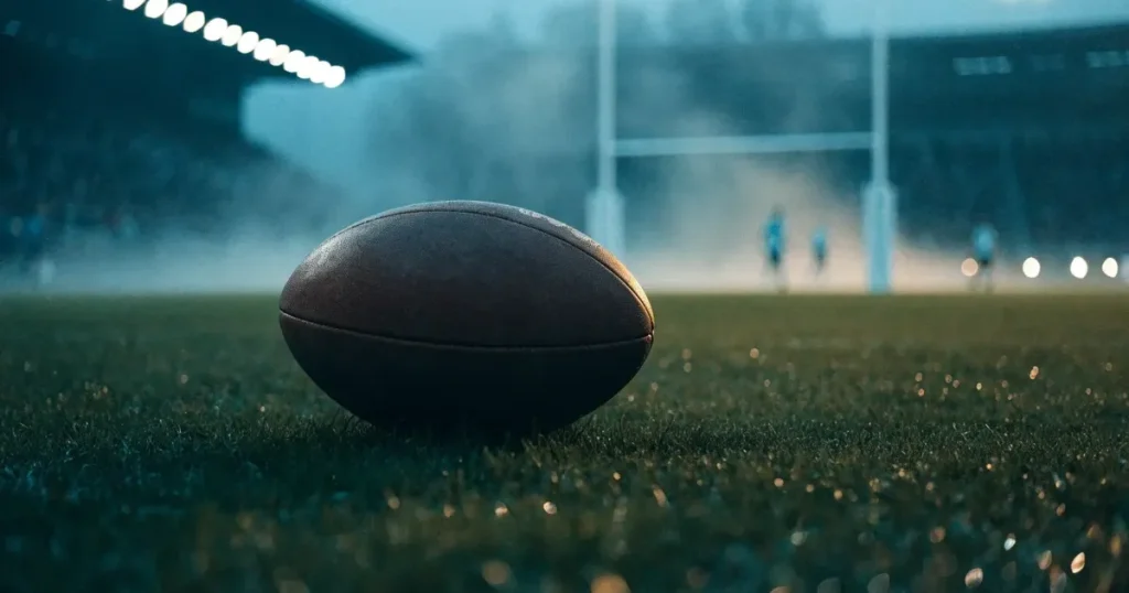 Ein ovaler Rugbyball liegt auf feuchtem Rasen vor zwei hohen Torstangen, hinter dem Spielfeld steigen Nebelschwaden auf.