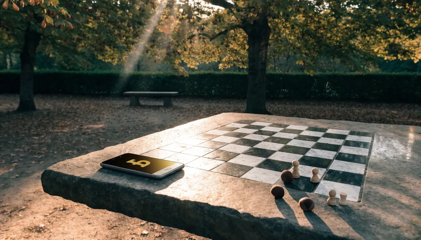 Ein Parkbank-Tisch mit eingelassenem Spielfeld unter alten Kastanien, auf den Wegen liegt Laub und die Sonne steht tief.