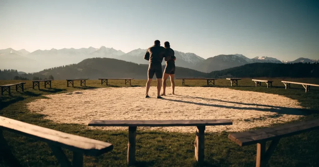 Ein kreisrunder Sägemehlring auf einer Wiese in den Voralpen, leere Holzbänke ringsum, im Hintergrund Berge im Morgenlicht.