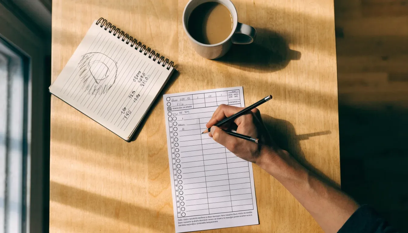 Ein aufgeschlagenes Notizbuch mit handschriftlichen Skizzen neben einem Bleistift und einer Kaffeetasse auf einem Holztisch.