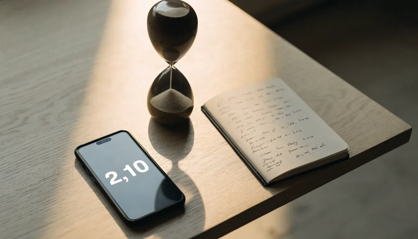 Eine Sanduhr steht auf einem Holztisch neben einem umgedrehten Smartphone, warmes Licht fällt von der Seite ein.