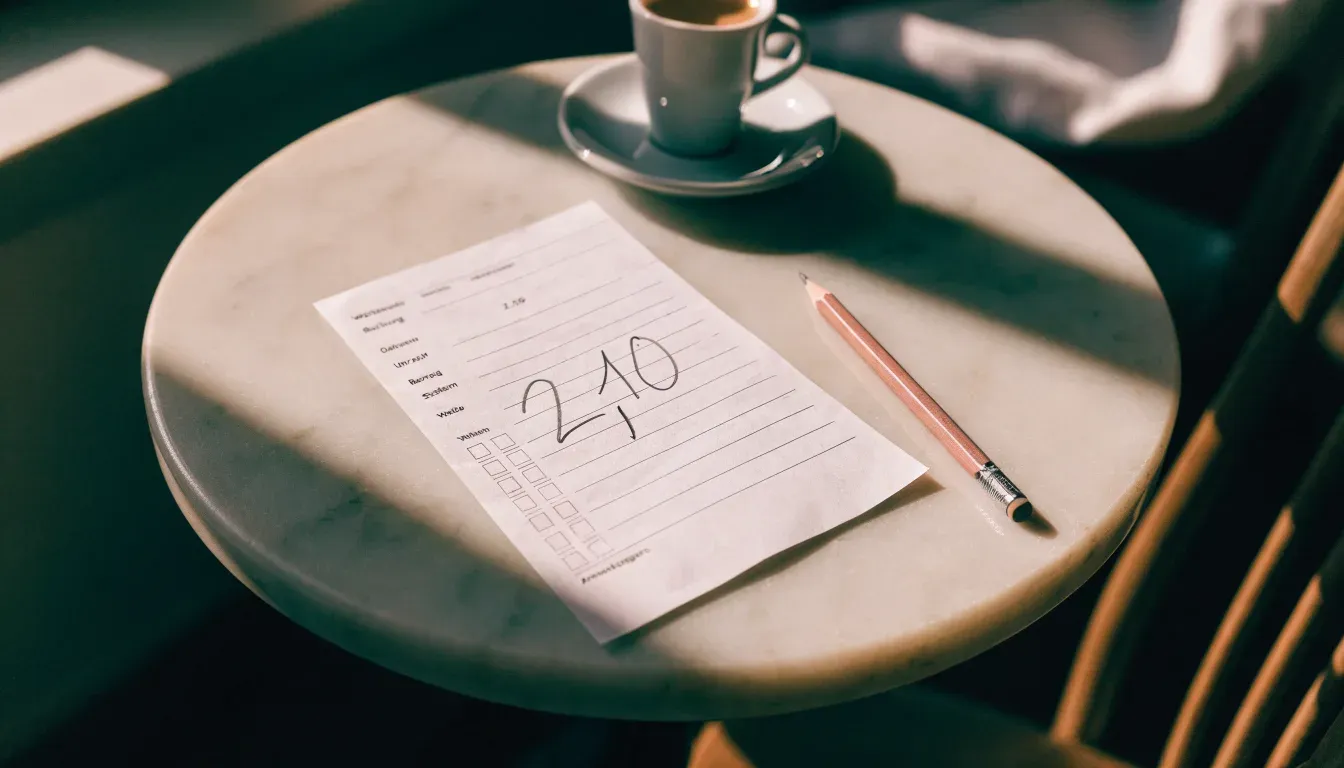 Eine Espressotasse und ein Bleistift liegen auf einem Caféhaustisch neben einer gefalteten Stoffserviette im Licht der Morgensonne.