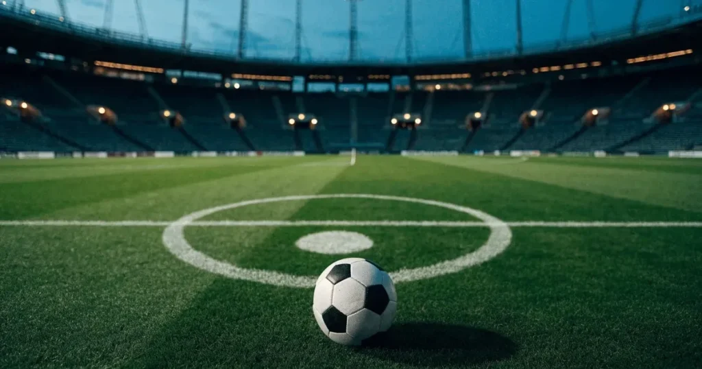 Ein Fussball liegt auf dem Anstosspunkt eines leeren Rasenplatzes in der Abenddämmerung, dahinter leuchten Flutlichtmasten über einer Tribüne.