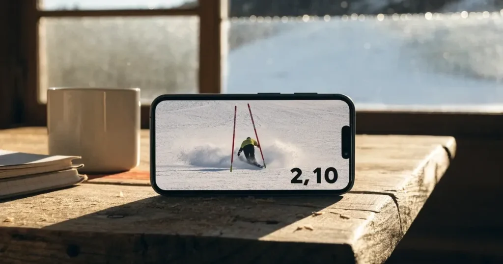 Ein frisch präparierter Hang mit Slalomstangen in einer Reihe im ersten Morgenlicht, Schneespuren im Hang und Berge im Hintergrund.