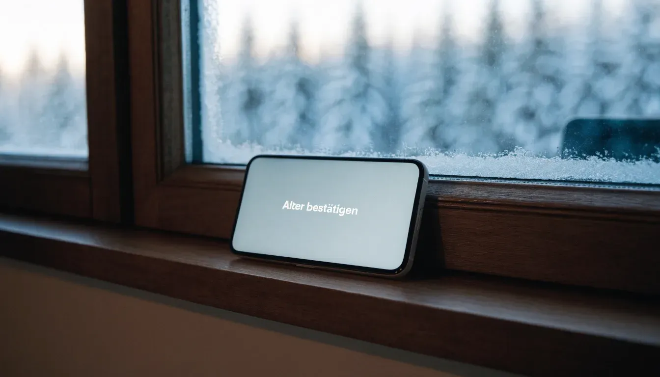 Ein vereistes Fenster einer Berghütte mit Blick auf verschneite Tannen im blassen Winterlicht.