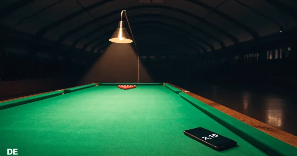 Ein Snookertisch mit grünem Tuch und einem Dreieck aus roten Kugeln unter einer tief hängenden Lampe in einer leeren Halle.