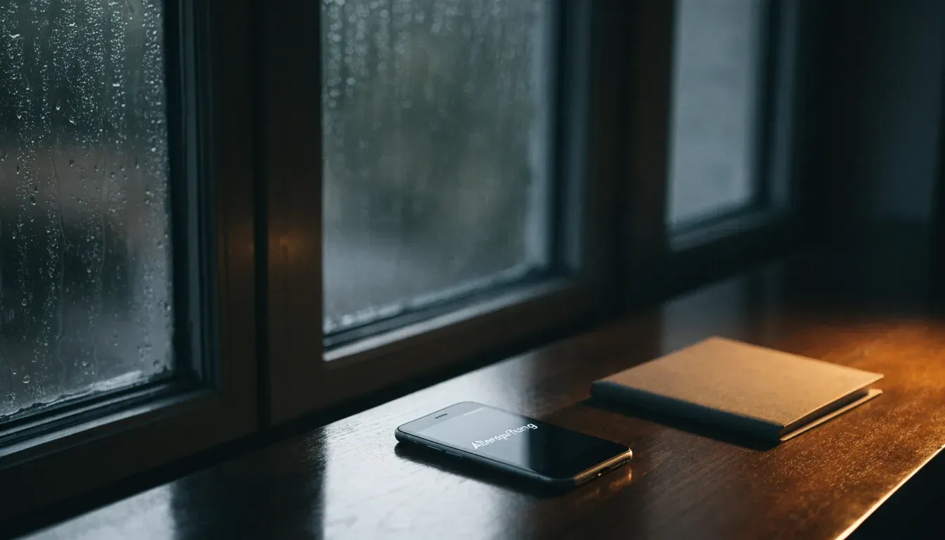 Eine Garderobe aus Holz mit einem dunklen Regenschirm in einem stillen Korridor, am Fenster rinnt Regen herunter.