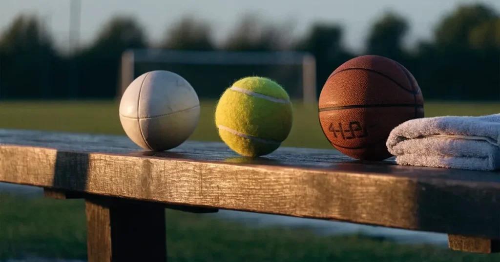 Drei Sportbälle, ein Fussball, ein Tennisball und ein Basketball, liegen nebeneinander auf einer Holzbank.