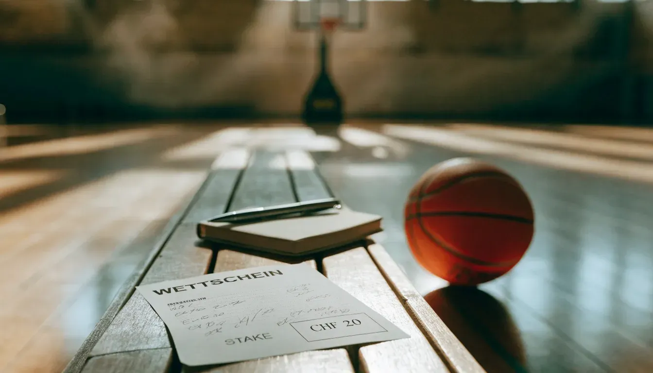 Ein Basketballkorb hängt in einer leeren Turnhalle, durch hohe Fenster fällt Licht auf das Holzparkett.