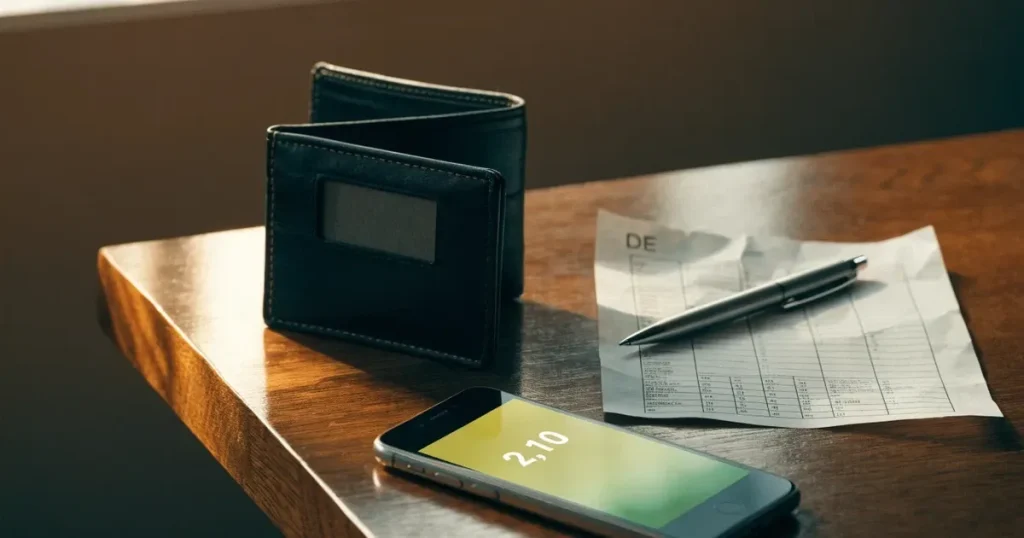 Eine leere Geldbörse aus Leder liegt geöffnet auf einem Tisch, daneben ein Kugelschreiber und ein Smartphone mit dunklem Display.