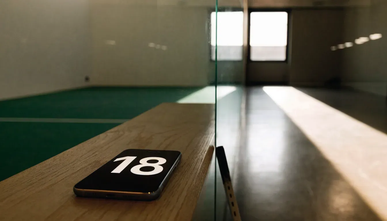 Ein Squashschläger lehnt an der Glaswand eines leeren Courts, draussen fällt Tageslicht in den Gang.