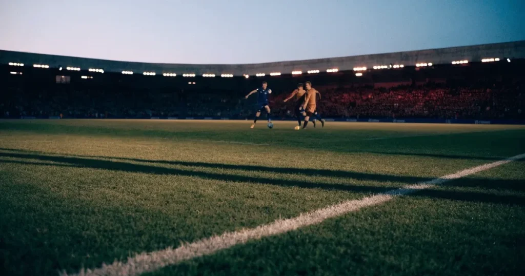 Eine Seitenlinie aus weisser Kreide auf dem Rasen in der Dämmerung, in der Ferne ragt eine hell beleuchtete Stadionschüssel auf.
