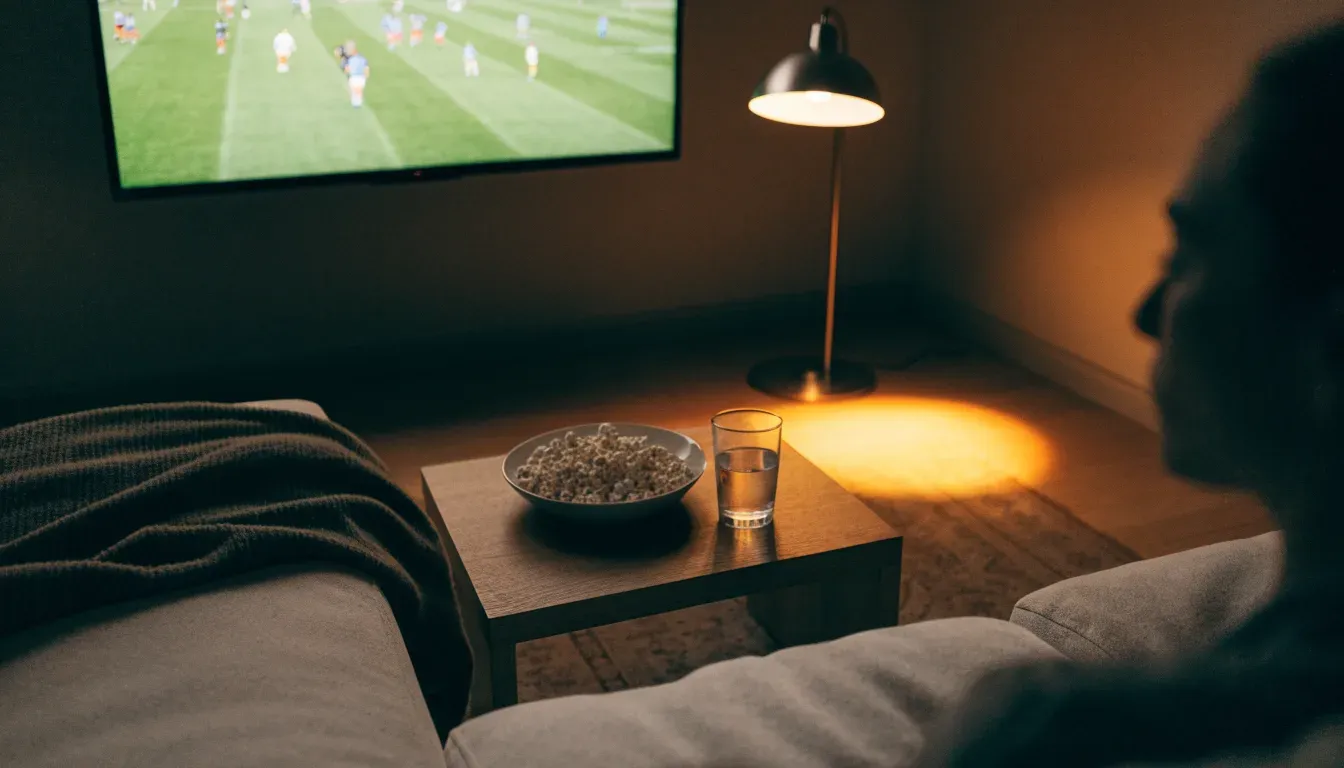 Ein Sofa mit Wolldecke und eine Schale Popcorn auf dem Couchtisch in einem Wohnzimmer bei Lampenlicht am späten Abend.