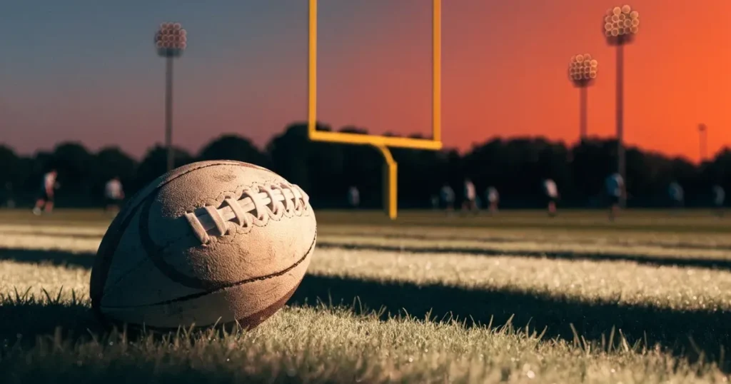 Ein ovaler Lederball liegt auf einem Rasen, dahinter ragt ein gelbes Torgestell in den Abendhimmel.