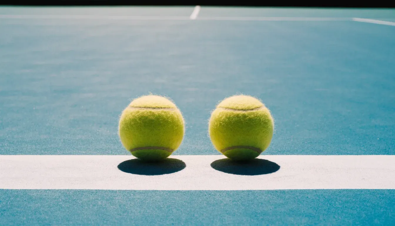 Zwei Tennisbälle liegen auf der weissen Grundlinie eines Hartplatzes im grellen Sonnenlicht.
