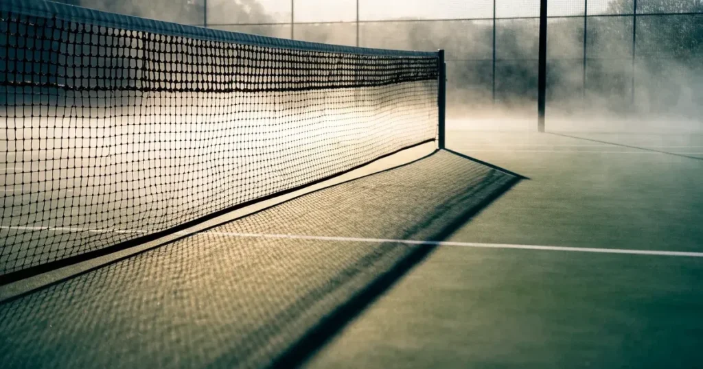 Ein leerer Tennisplatz im Morgengrauen, der Netzschatten fällt lang über den Platz, über der Grundlinie liegt leichter Nebel.