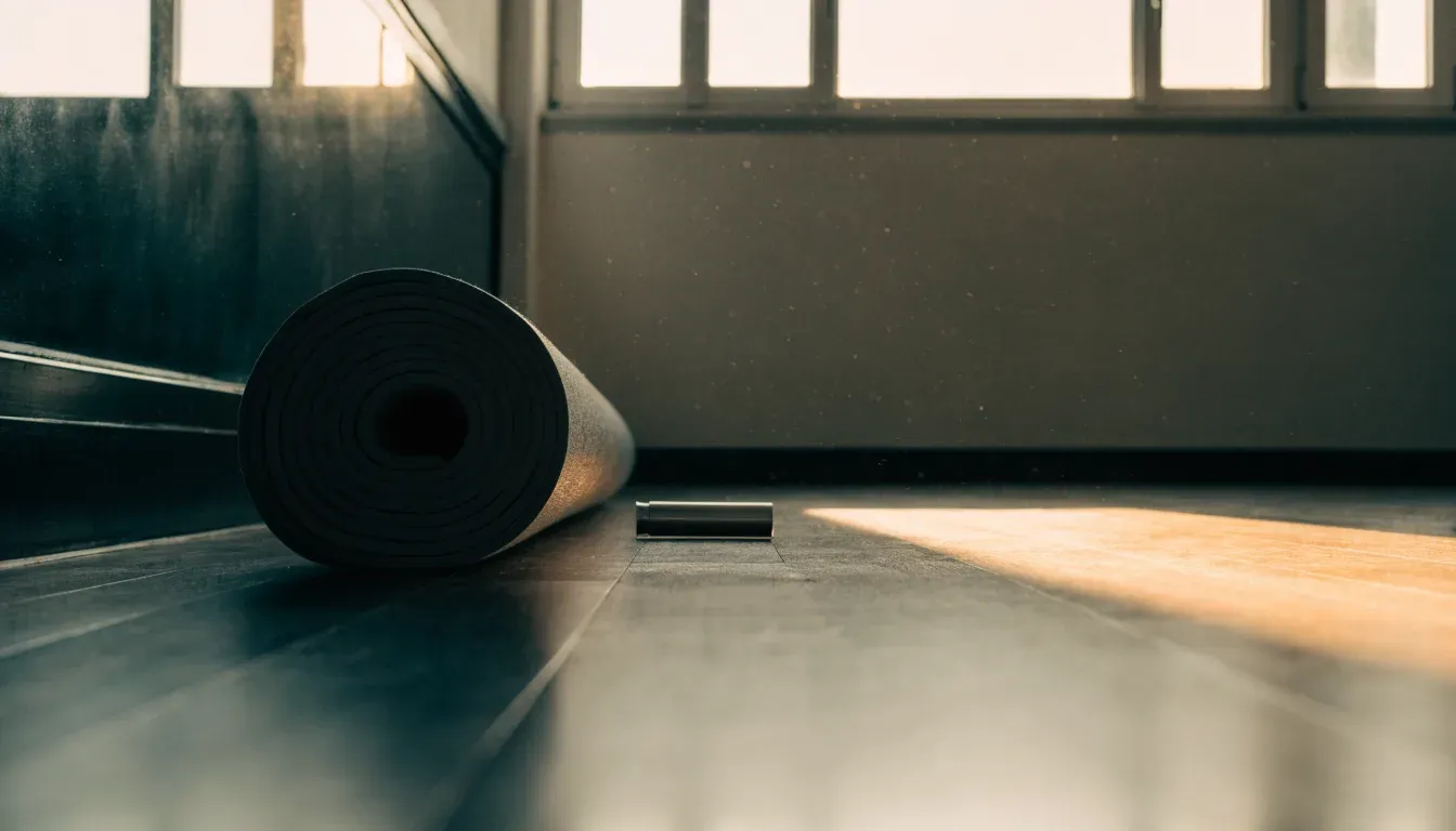 Eine zusammengerollte Trainingsmatte in der Ecke eines leeren Fitnessraums, durch hohe Fenster fällt Morgenlicht.