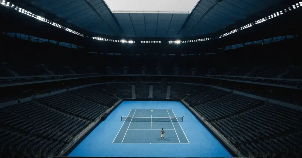 Ein hohes Tennisstadion mit geschlossenem Dach, von innen beleuchtet, leere Sitzreihen umschliessen den blauen Hartplatz.