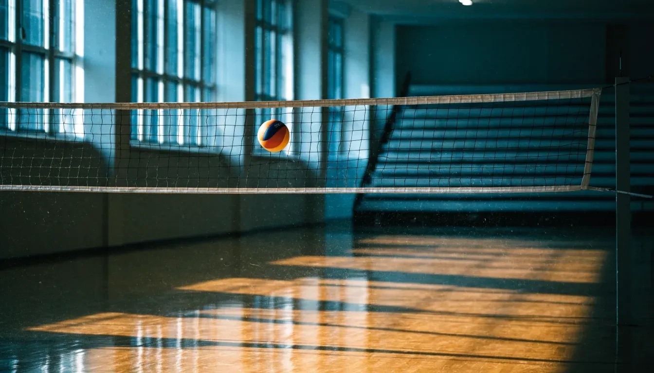 Eine Sporthalle mit gespanntem Volleyballnetz über poliertem Holzboden, hohe Fenster lassen Tageslicht herein.