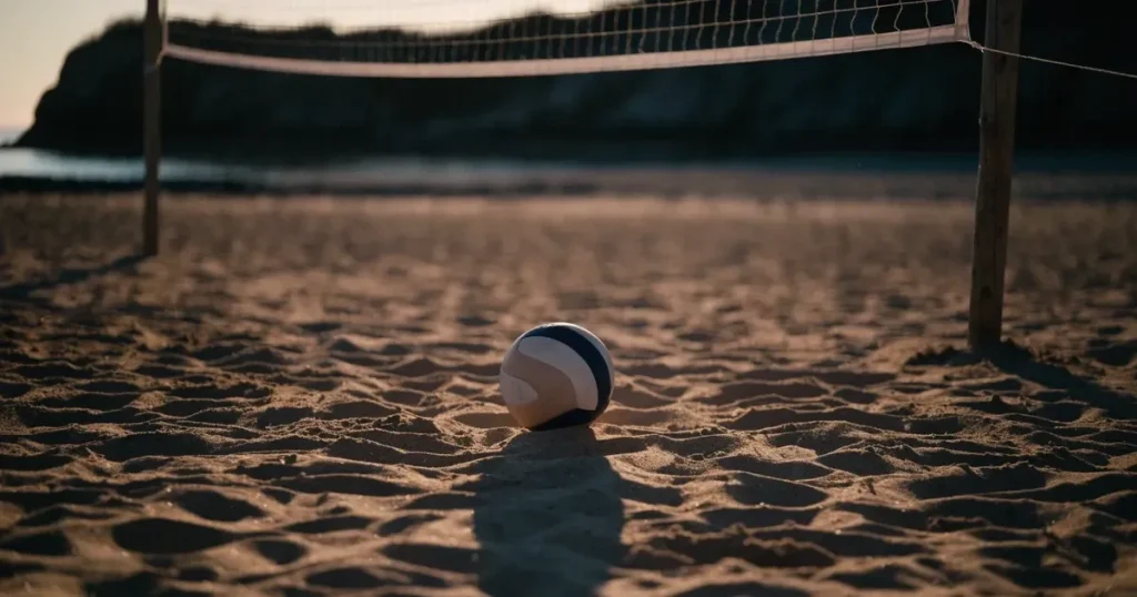 Ein Volleyball liegt im Sand eines Beachplatzes, zwischen zwei Pfosten ist ein Netz gespannt, tiefe Abendsonne wirft lange Schatten.