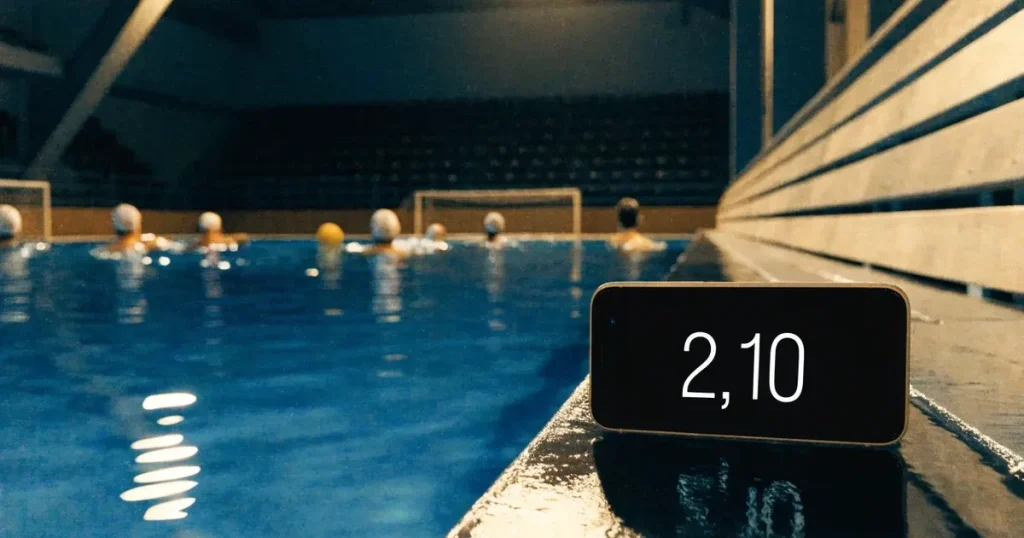Ein Wasserballbecken am Abend mit zwei schwimmenden Torrahmen an den Enden, ruhiges blaues Wasser, leere Ränge.