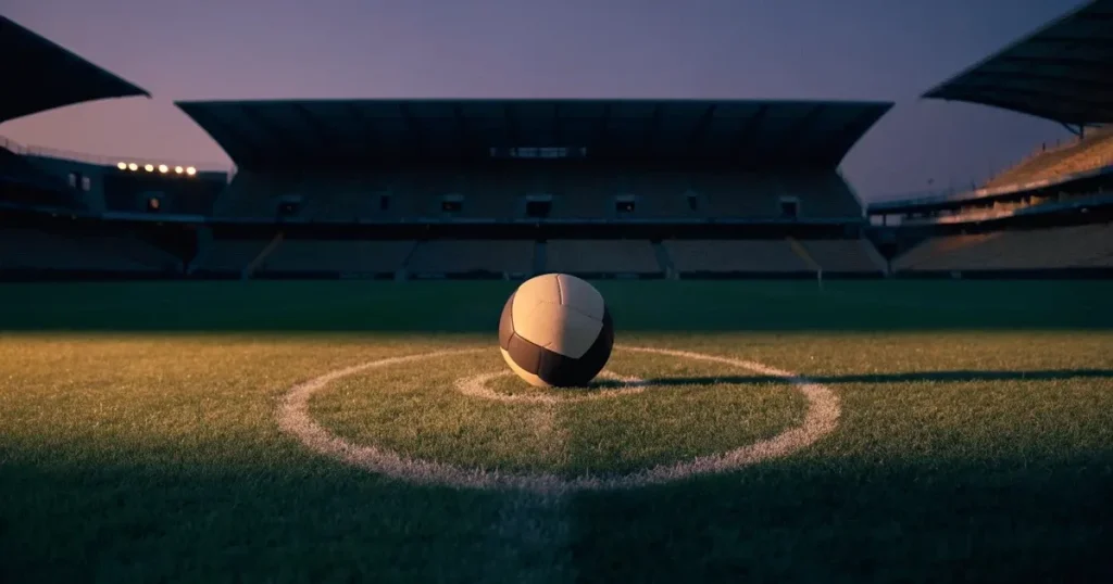 Ein Fussball liegt auf dem Anstosspunkt eines leeren Rasenplatzes, dahinter ragen die Ränge eines grossen Stadions in der Abenddämmerung auf.
