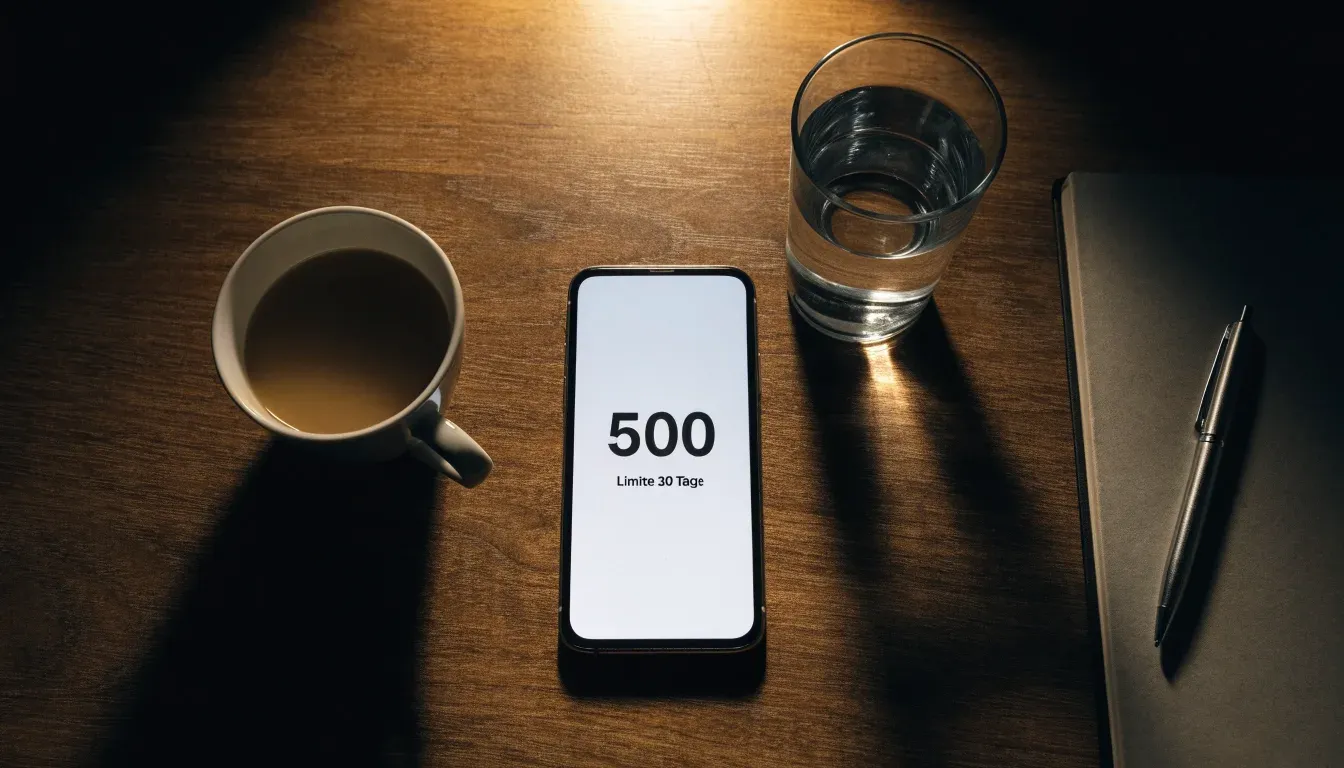 Ein Smartphone mit dunklem Display liegt neben einer Kaffeetasse und einem Glas Wasser auf einem Holztisch im Licht einer Lampe.