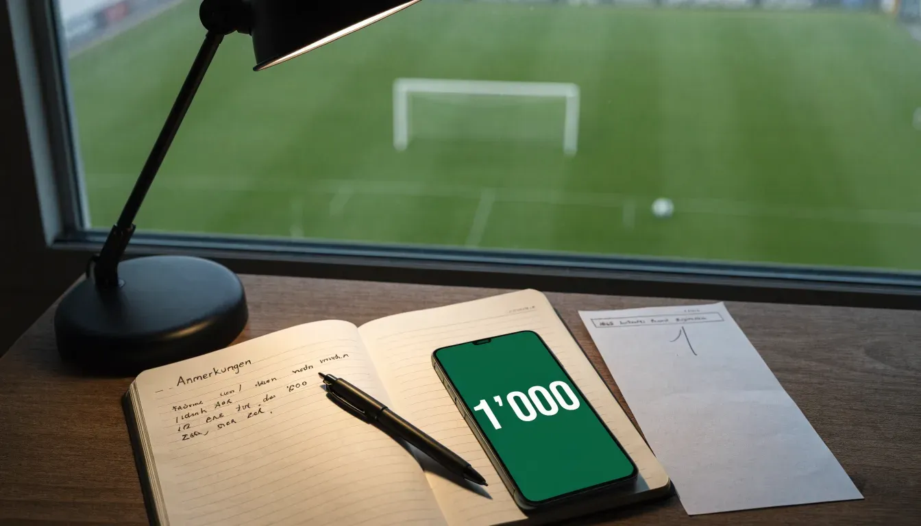 Ein Schreibtisch am Fenster mit Schreibtischlampe, Bleistift und leerem Block, draussen liegt ein Fussballplatz im Dunst.