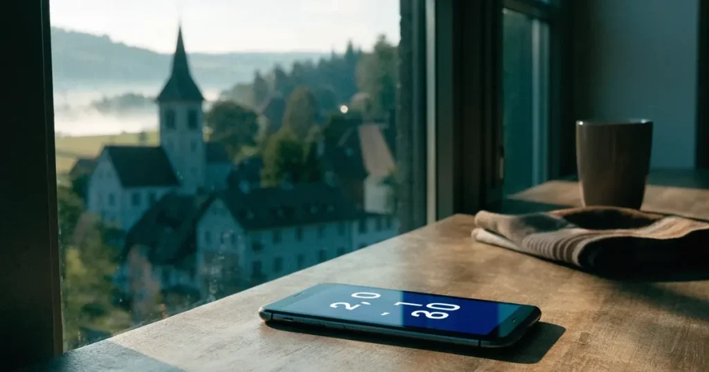 Ein Sparschwein aus Keramik steht auf einem Küchentisch neben einem Smartphone mit dunklem Display, im Fenster dahinter ein Schweizer Dorf im Morgenlicht.