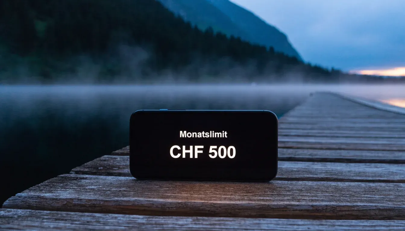 Ein Bergsee in der Dämmerung mit einem leeren Holzsteg, die Wasseroberfläche ist ruhig und Nebel zieht über die Hänge.