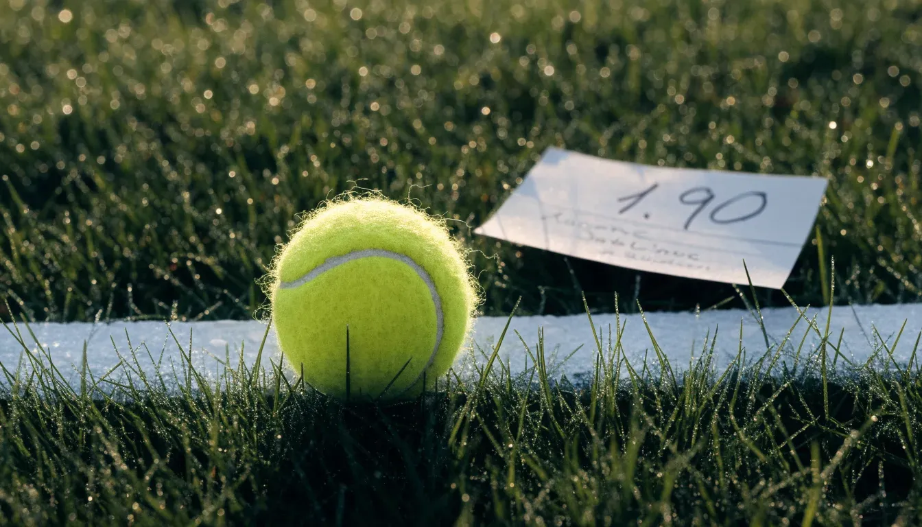 Ein gelber Tennisball liegt im Gras neben der weissen Grundlinie, Tau glitzert auf den Halmen im flachen Sonnenlicht.