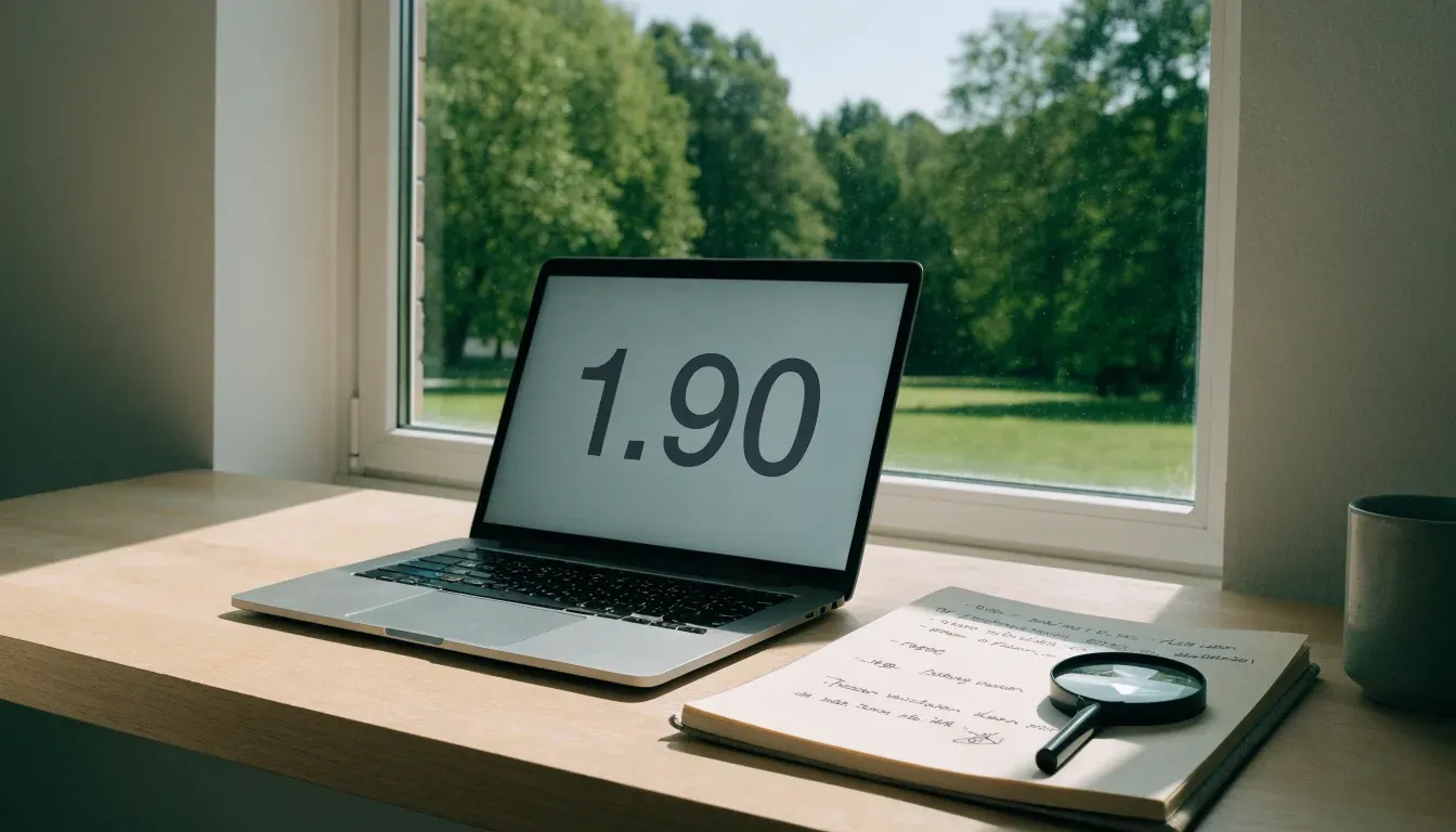 Ein Holzschreibtisch in einem hellen Büro mit Blick auf einen Park, darauf eine Lupe und ein leerer Notizblock.