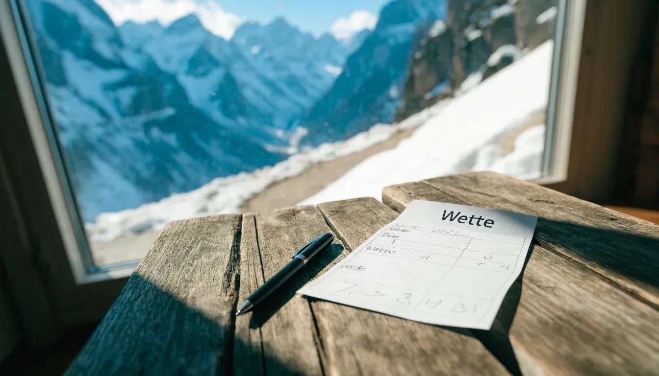 Eine Berghütte im Schnee mit rauchendem Kamin steht vor klarem Himmel, ein Pfad führt in die Stille.