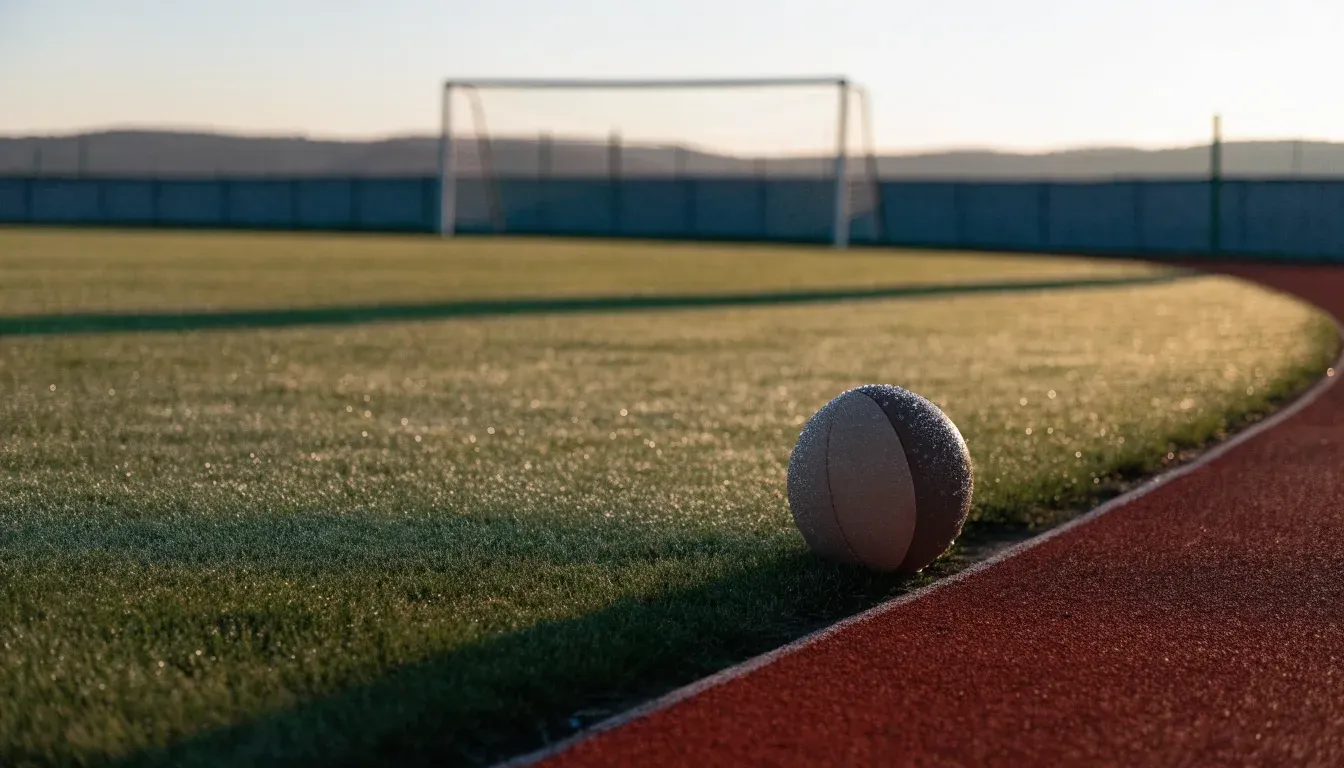 Eine rote Laufbahn umringt ein Fussballfeld beim Sonnenaufgang, auf dem Rasen liegt Tau.