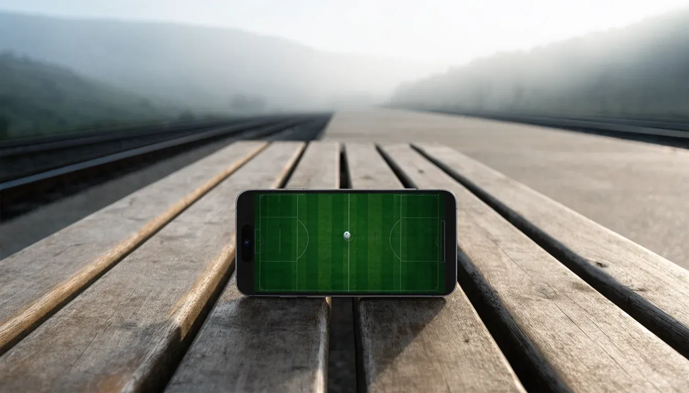 Ein leerer Bahnsteig mit einer Holzbank im Morgennebel, dahinter sanfte Hügel.