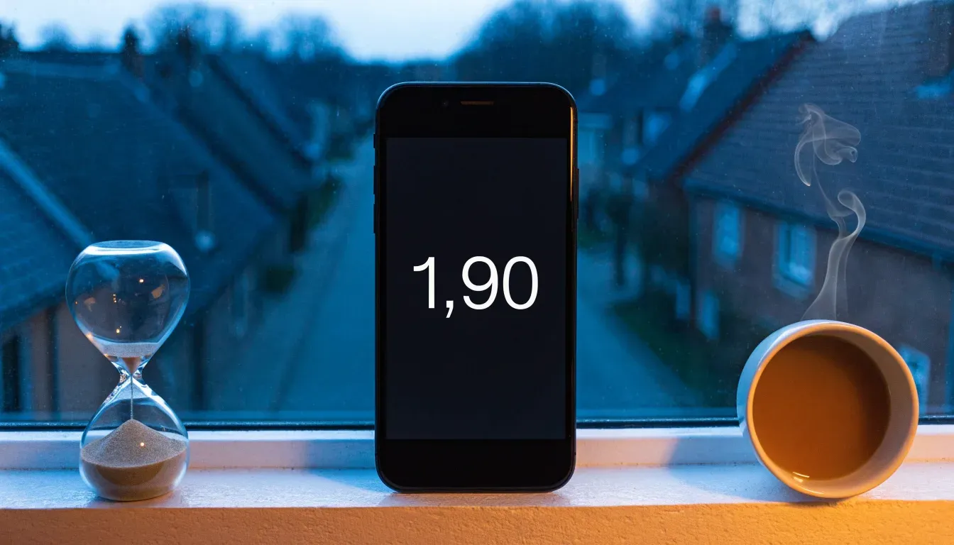 Eine Sanduhr steht auf einem Fensterbrett neben einer Tasse Tee, draussen dämmert es über einer ruhigen Strasse.