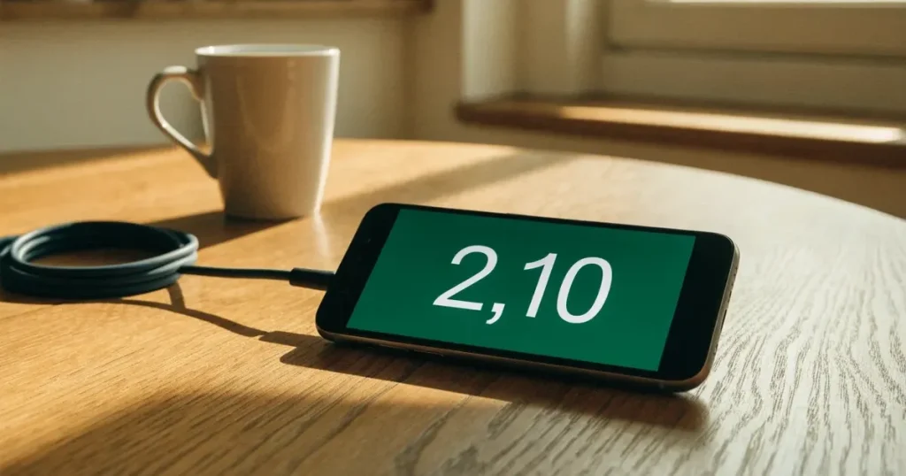 Ein Smartphone mit dunklem Display liegt auf einem Holztisch neben einem Ladekabel und einer Kaffeetasse.